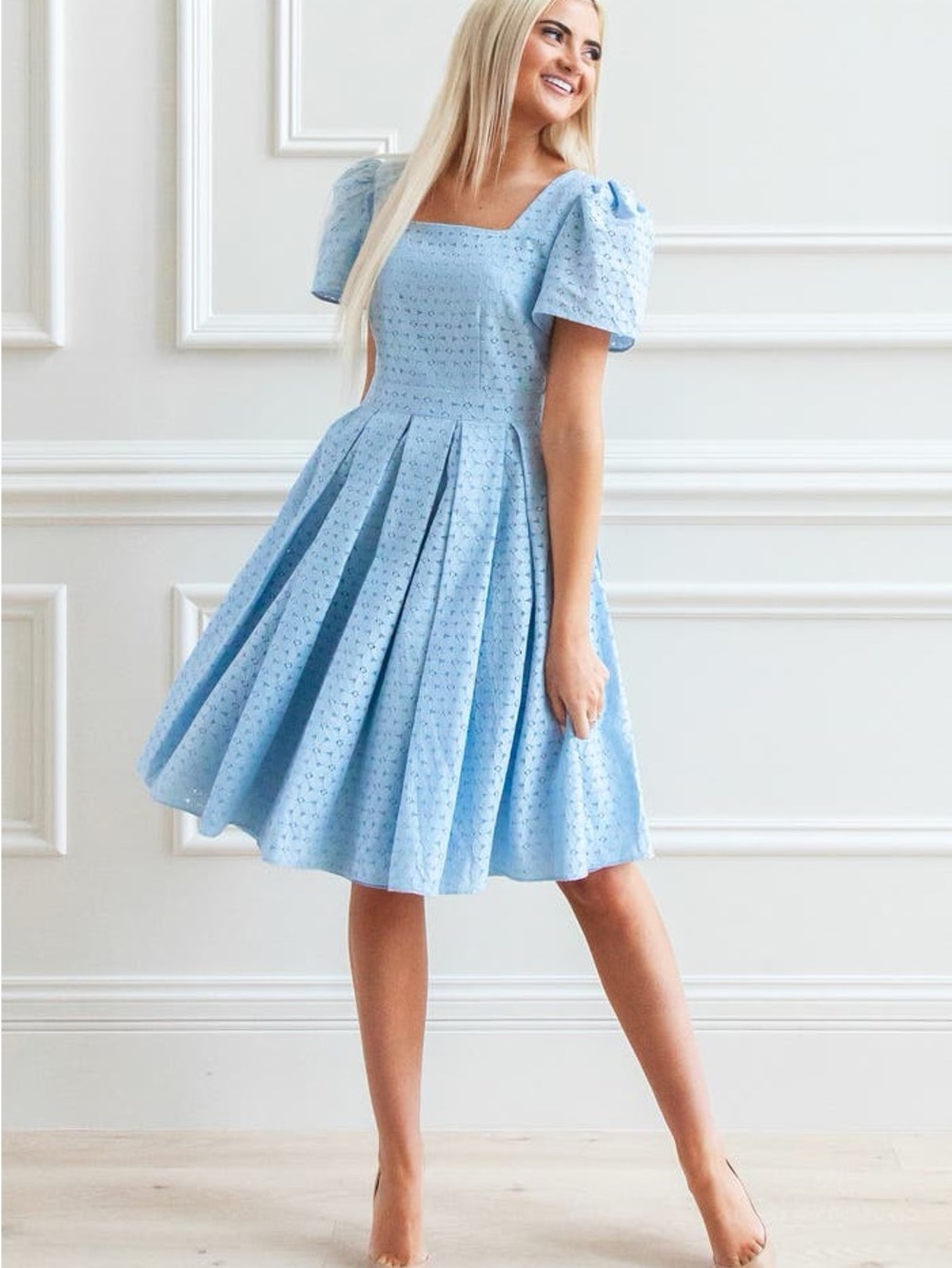 Rachel Parcell Powder Blue Eyelet Square-Neck Midi Dress